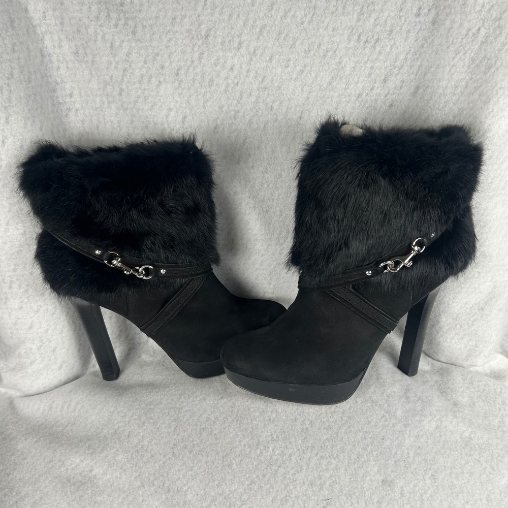 Coach Athena Ankle Boots Womens 10 Black Soft Nubuck Rabbit Fur Platform Heel
